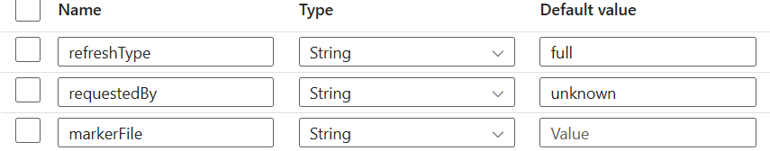 Microsoft Fabricu andmevoo parameetrite paneel kolme string-tüüpi parameetriga.